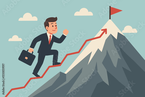 Businessman climbing red upward arrow to mountain peak with flag, achieving success, progress, leadership, ambition, career growth, motivation, business goal vector illustration concept