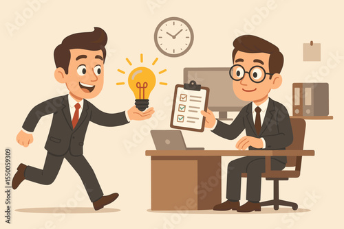 Business teamwork concept with businessman sharing creative idea lightbulb and colleague receiving task checklist in office. Collaboration, project management, communication. Vector illustration