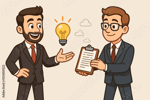Cartoon business team concept. Two happy businessmen in suits sharing ideas and tasks, lightbulb inspiration moment, clipboard document exchange, office collaboration communication illustration