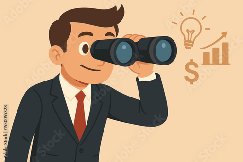 Businessman in suit looking through binoculars searching for investment opportunities, business growth, financial success, strategy planning, solution innovation, cartoon vector illustration