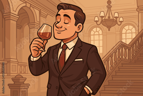 Sophisticated businessman in classic suit savoring bourbon whiskey in luxury mansion interior, elegant grand staircase, chandelier, refined drinking, upscale lifestyle, vector cartoon illustration