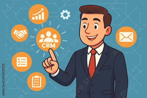 Businessman interacting with CRM icon on virtual interface, customer relationship management strategy concept, cartoon vector illustration with business analytics, communication, teamwork symbols