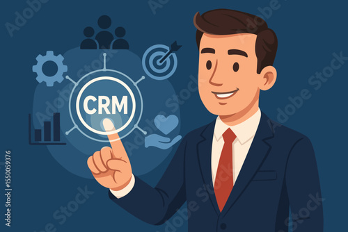 Businessman in suit interacting with CRM icon on digital interface, customer relationship management, marketing strategy, data analysis, sales, client support, vector illustration, business concept