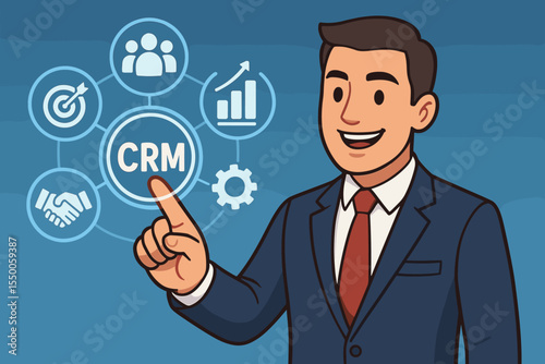 Businessman in Suit Touching Virtual CRM Interface, Customer Relationship Management Strategy, Digital Marketing, Business Analysis, Data Visualization, Vector Illustration