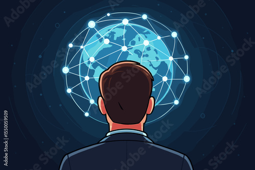 Businessman from behind visualizing a global business network. Futuristic concept of digital technology, internet communication, big data, and worldwide strategy. Vector illustration.