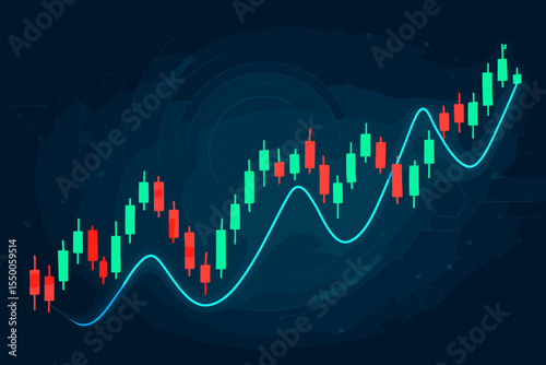 Financial stock market candlestick chart. Bullish and bearish trading pattern. Futuristic glowing technology background. Investment analysis. Forex, cryptocurrency, data trend. Vector illustration