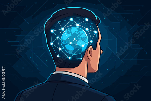 Global business network and artificial intelligence concept. Businessman's head visualizing world connections. Metaphor for innovation, future technology, data, globalization, and strategy.