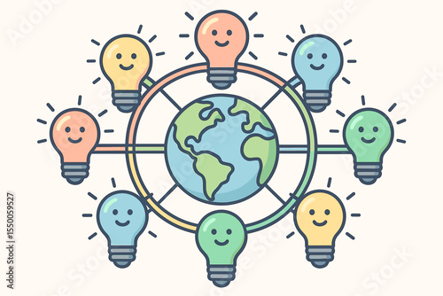 Global Network Connection Concept. Circular Linked Light Bulbs Around Earth. Pastel Cartoon Vector. International Collaboration, Innovation, Teamwork, Communication, Diversity, Social Connectivity