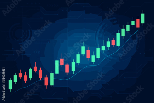 Upward Candlestick Chart Depicting Stock Market Growth, Financial Trading Analysis, Bullish Trend and Investment Strategy on Futuristic Blue Digital Technology Background, Vector Illustration