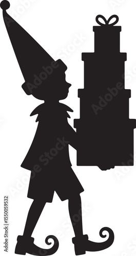 Christmas gifts and elf silhouette, elf silhouette vector