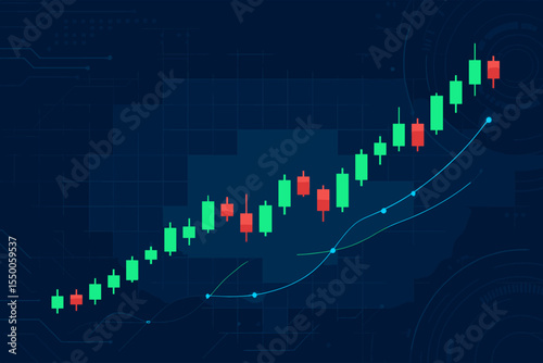 Futuristic stock market candlestick chart vector. Technical analysis, bullish trend, finance trading background, financial data visualization, investment, green red candles, abstract technology