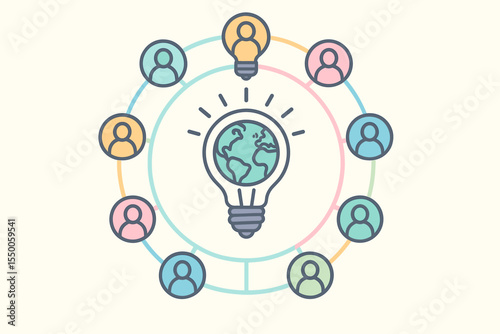 Global Network Connection Concept with Light Bulb and Globe, Diverse People in Circle, Collaboration, Teamwork, Community, Innovation, Communication, Pastel Colors, Vector Illustration