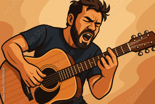 Acoustic guitar player strumming instrument. Vector cartoon illustration of musician performing music, hand playing chords, artistic musical concept, detailed close up, modern style, warm tones