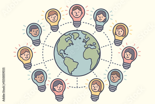 Global customer network connections concept with diverse cartoon light bulb icons surrounding Earth globe in pastel vector illustration symbolizing ideas, innovation, teamwork, collaboration