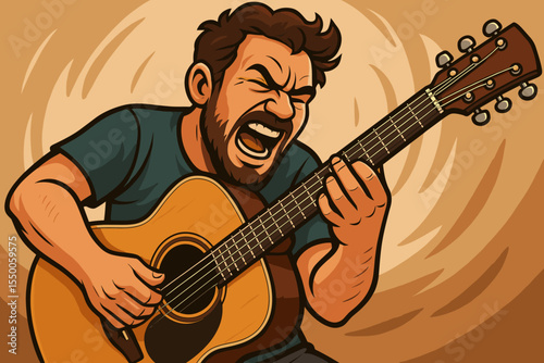 Dynamic cartoon vector illustration of male musician strumming acoustic guitar with expressive movement, close-up hands playing, music performance, artistic style for music and entertainment concepts