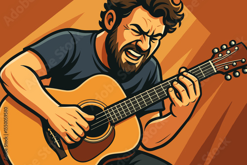Dynamic close-up illustration of musician strumming acoustic guitar, expressive hands, detailed strings, passionate performance, modern vector art, vibrant colors, music enthusiast concept