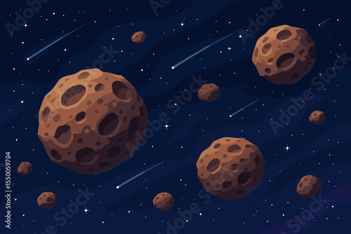 Asteroids and Meteorites Floating in Deep Outer Space Vector Illustration. Cosmic Rocks Asteroid Belt, Shooting Stars and Celestial Bodies in Night Sky. Astronomy Science Background