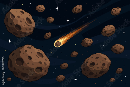 Cartoon asteroid belt with flying meteorites in outer space. Vector illustration of cosmic rocks, shooting stars, and deep space background. Astronomy, universe, science, galaxy, night sky, cosmos