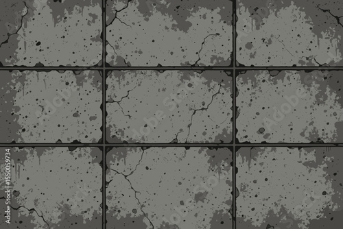 Grunge cracked concrete tile wall texture vector. Distressed urban background pattern with stains, cracks, aged worn surface, industrial cement tiles design for graffiti, construction, architecture.