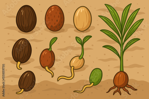 Hand Drawn Palm Seed Growth Stages Vector. Cartoon Germination Cycle Illustration. Sprouting Seeds, Seedlings, Plant Roots and Leaves on Natural Soil Background. Botanical Education Concept