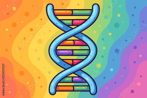 Colorful DNA Double Helix Structure Cartoon Vector. Genetics Biochemistry Illustration. Molecular Biology Spiral. Chromosome Gene Symbol on Vibrant Rainbow Background. Science Education Concept