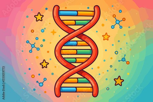 Colorful DNA Double Helix Cartoon Illustration. Genetic Molecule Structure, Biochemistry Concept, Science Education, Molecular Biology, Bright Background, Stars and Atoms, Vector Art