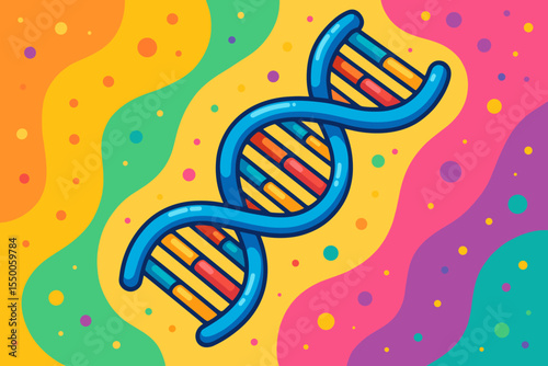 Vibrant DNA Double Helix Cartoon Vector. Genetic Science Illustration. Colorful Biochemistry Molecule Structure. Abstract Genome Concept. Genetics Medical Education. Bright Pop Art Background
