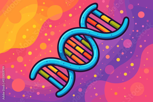 Vivid DNA Double Helix Structure Cartoon Illustration. Colorful Biochemistry Molecular Genetics Vector. Abstract Genetic Code Spiral. Science Education Background. Chromosome Blueprint Design.
