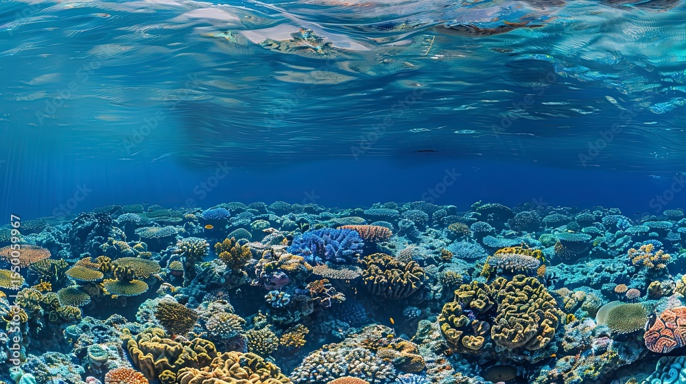 Obraz premium close up of a tropical ocean, underwater life, panoramic view of coral blue ocean inside