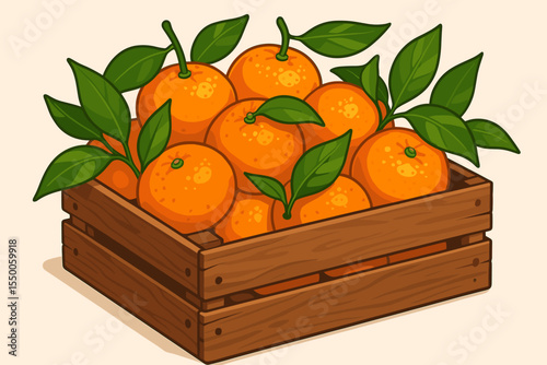 Juicy Fresh Tangerines with Green Leaves in Rustic Wooden Crate. Citrus Fruit Harvest, Organic Produce, Farm Market. Cartoon Vector Illustration. Healthy Food, Natural Vitamin C Concept.