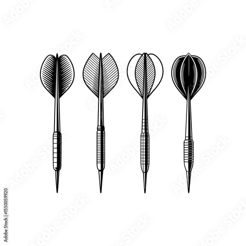 Precision Tools: An artistic monochrome capture of four darts, each meticulously designed to soar through the air. This image is a celebration of precision and game.