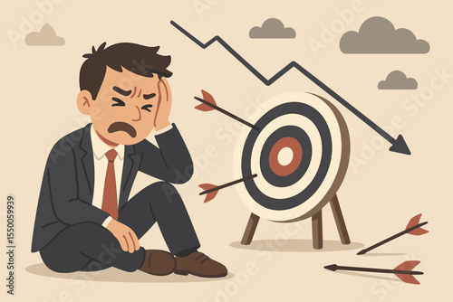 Frustrated businessman suffering failure and disappointment, missing targets, unsuccessful business strategy, declining sales, stress, depression, mistake, challenge concept, vector illustration