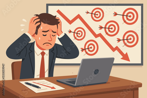 Stressed businessman missing targets, failure to achieve goals, disappointment, declining business performance, frustration at work, financial loss, unsuccessful strategy vector illustration