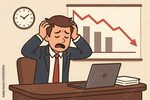 Stressed cartoon businessman at desk with declining graph, financial crisis, business failure, market loss, frustration, economic downturn, disappointment, workplace anxiety, vector illustration