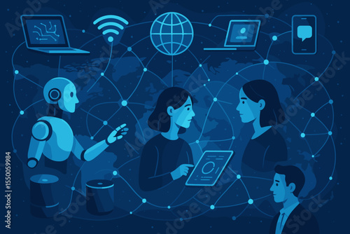 Artificial intelligence global network connecting people, data, and smart devices. Futuristic digital communication, worldwide internet, cloud computing, human-robot interaction vector illustration