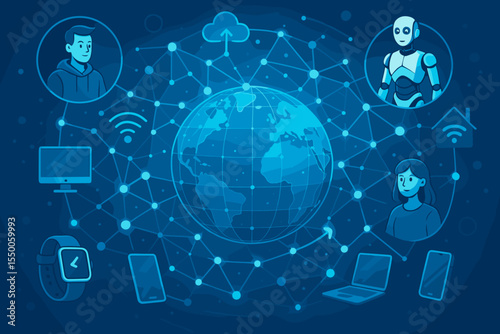 Global network of futuristic technology connecting people, artificial intelligence, smart devices, cloud computing, Internet of Things, wireless communication, data sharing. Vector illustration