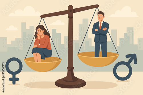 Gender inequality and social disparity concept. Unfairness between men and women. Businessman and sad woman on balance scales. Gender discrimination, pay gap, equality in workplace vector illustration
