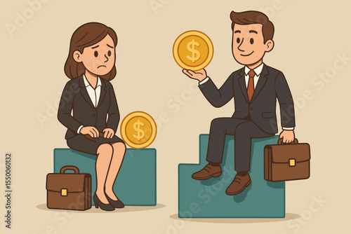 Gender Pay Gap Workplace Inequality Concept. Businesswoman and Businessman on Different Steps, Holding Coins, Salary Disparity, Wage Discrimination, Career Advancement Barrier, Equal Opportunity
