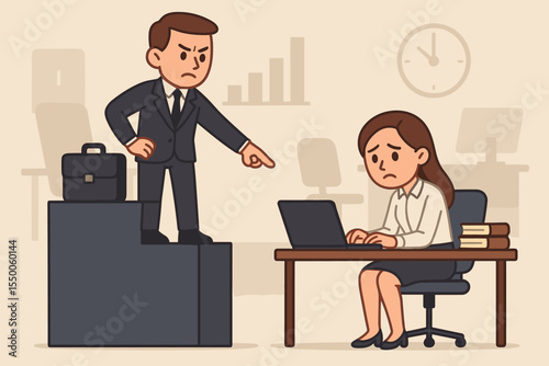 Gender Inequality in the Workplace Vector Illustration. Female Employee Facing Unfair Treatment by Male Boss. Office Discrimination, Sexism, Gender Bias, Power Imbalance, Cartoon Concept