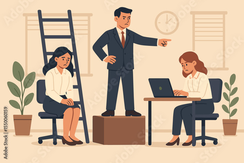 Gender Inequality in Workplace Vector Illustration. Unfair Treatment of Women by Male Boss. Office Discrimination, Gender Bias, Career Barriers, Corporate Leadership, Female Employee Challenge Concept