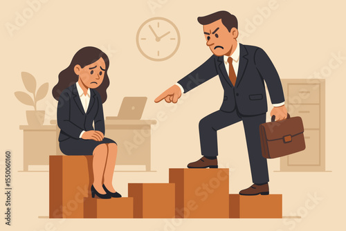 Gender inequality discrimination in workplace. Unfair treatment of women at work. Female employee sitting, male boss pointing. Career obstacles, business office conflict, sexism, vector illustration