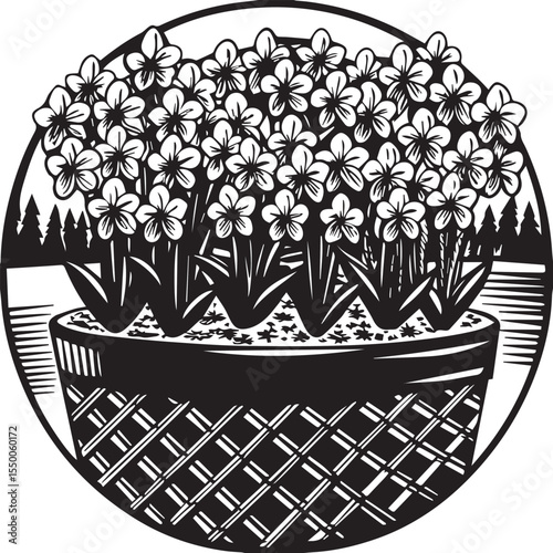 Black and white floral pattern with winter snowflake and star illustrations for a festive holiday card design