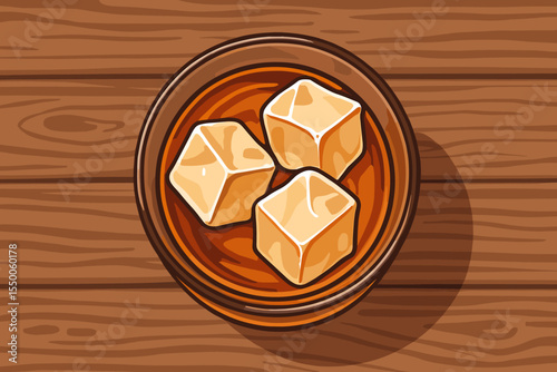 Top view whiskey glass with three ice cubes on wooden table. Alcoholic drink vector illustration. Realistic beverage, cocktail, bar, night club, party concept. Brown drink with ice in glass.
