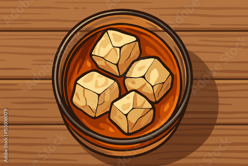 Whiskey glass with ice cubes on wooden table, top view. Realistic vector illustration, classic bourbon drink, cocktail concept, chilled alcohol, vintage bar scene, rustic background design