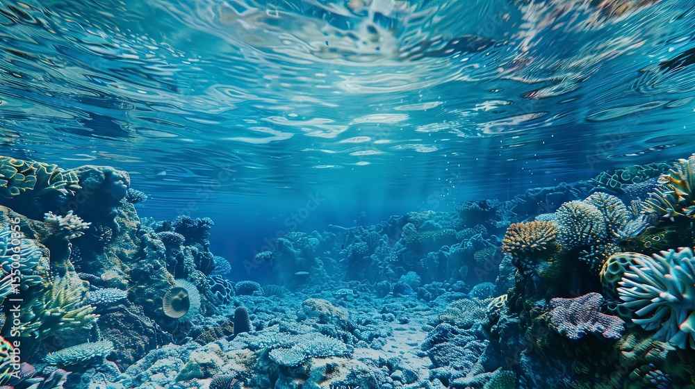 Fototapeta premium close up of a tropical ocean, underwater life, panoramic view of coral blue ocean inside