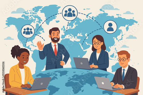 International business team online collaboration. Diverse professionals working remotely with laptops. Global teamwork over world map. Multinational corporate network, remote communication concept