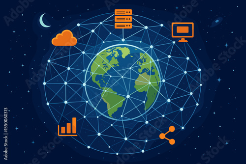Global digital network connectivity and data exchange on Earth in deep space. Vector illustration with planet, cloud computing, server, analytics, sharing, and technology elements on star background