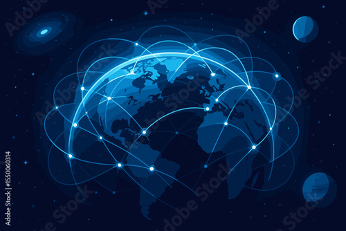 Global digital network connections on Earth in outer space. Planet communication, high-speed data exchange, satellite internet, global connectivity, network nodes, space technology vector illustration