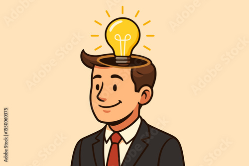 Creative ideas concept. Businessman with light bulb above open head. Innovation, leadership, business inspiration, creative thinking, brainstorming, solution, success. Vector cartoon illustration.