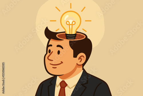 Creative businessman with glowing light bulb in head, symbolizing bright idea, innovation, leadership, business creativity, intelligence, inspiration, problem solving, vector cartoon illustration